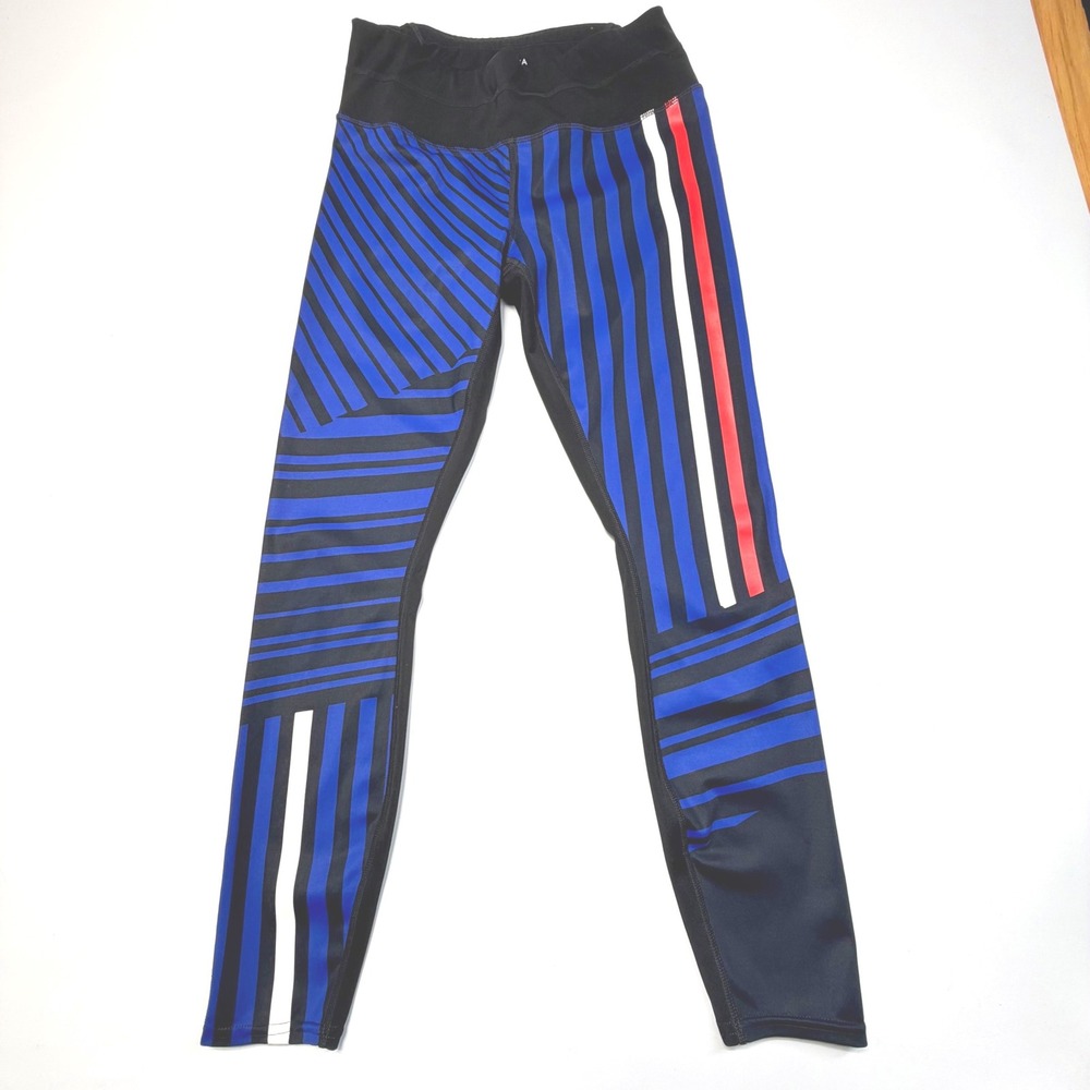 Athleta Women's High Rise‎ Leggings Small Blue Black Striped Athletic Yoga Pants